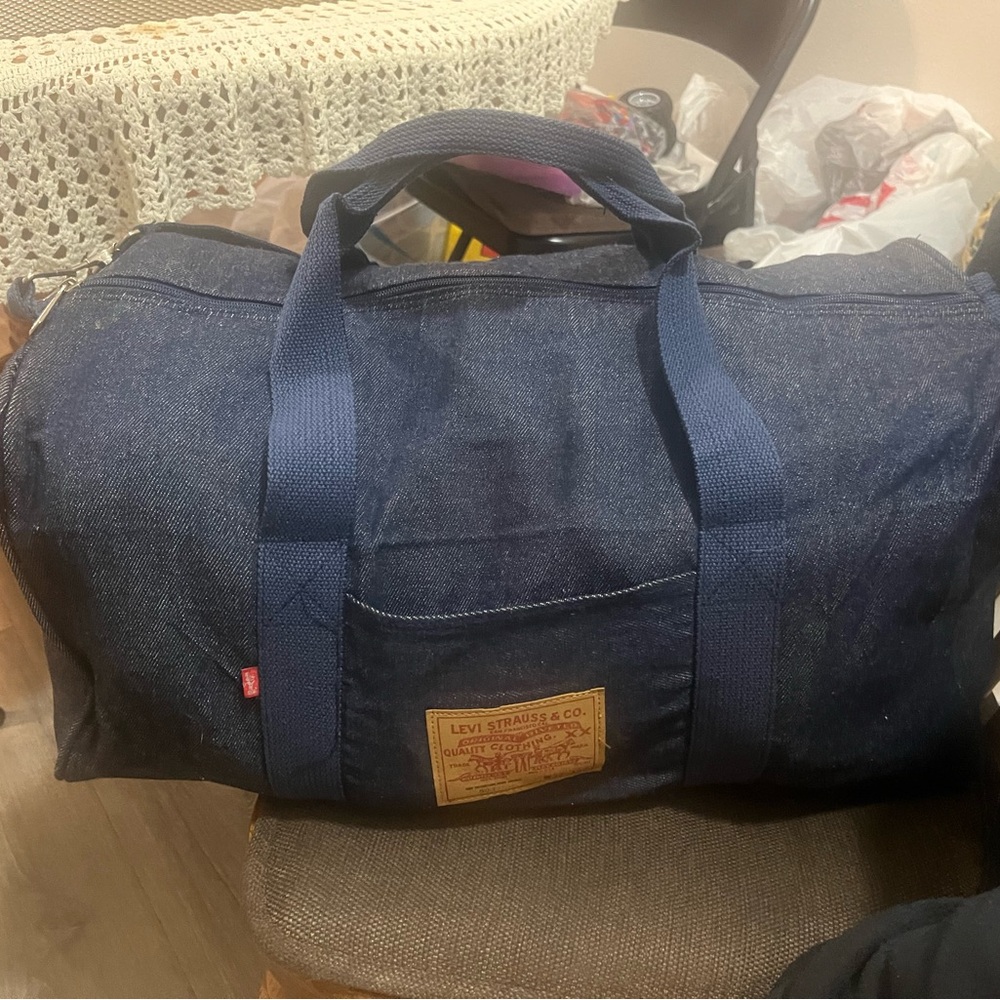 Vintage 80s Levi’s Denim Duffel Bag Blue Zipper Closure Medium Size Made In USA